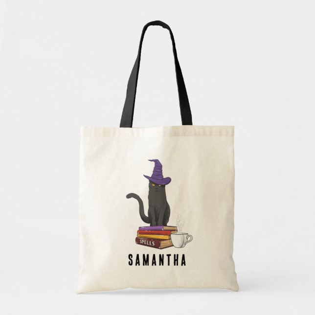 Cat Books Potion and Spells Halloween Personalised Tote Bag (Front)