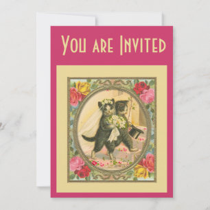 Cat Bride and Groom Wedding Invitation pink yellow