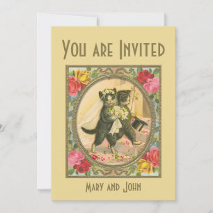 Cat Bride and Groom yellow wedding invitation