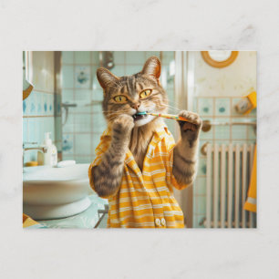 Cat brushing teeth in striped pajamas bathroom holiday postcard