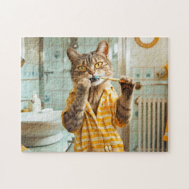 Cat brushing teeth in striped pajamas bathroom jigsaw puzzle (Horizontal)