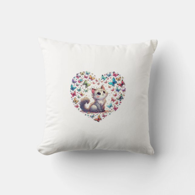 Cat & Butterfly Heart Throw Pillow  (Front)