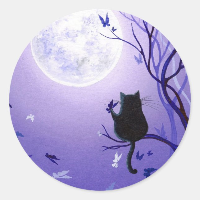 Cat Butterfly Swirl Classic Round Sticker (Front)