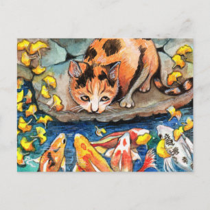 Cat by Koi Pond Postcard