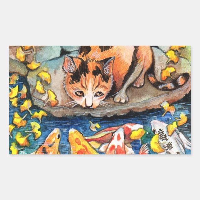 Cat by Koi Pond Rectangular Sticker (Front)