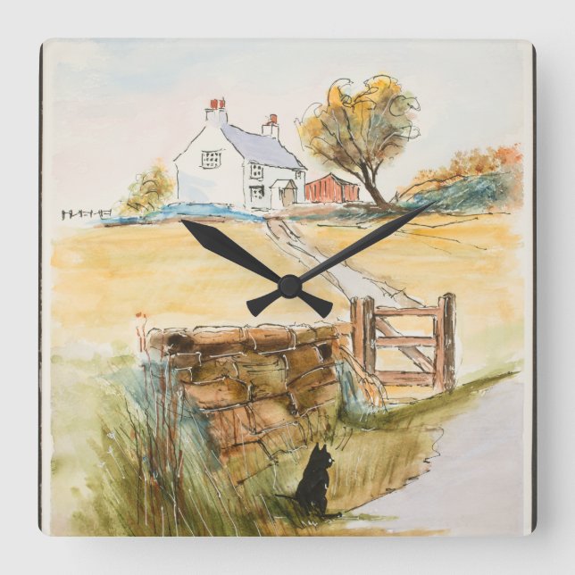 Cat by the Gate Square Wall Clock (Front)