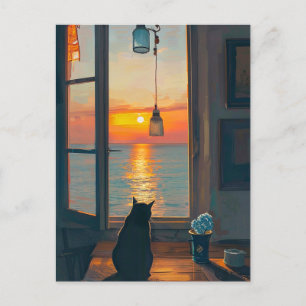 CAT BY WINDOW OCEAN SUNSET ART POSTCARDS