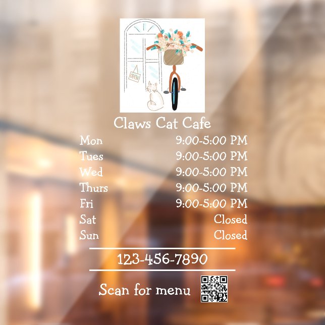 Cat Cafe Coffee Shop Open Hours Window Cling (Sheet 2)