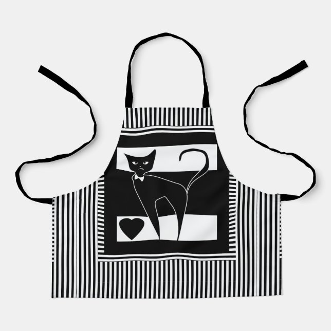 Cat cartoon animal stylish black white modern stri apron (Front)