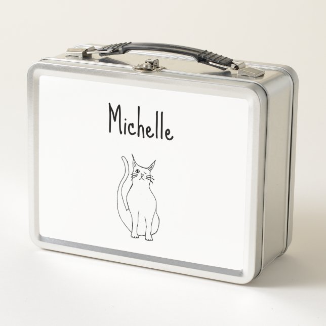 Cat Cartoon Cute Winking Kitty Black White   Metal Lunch Box (Front)