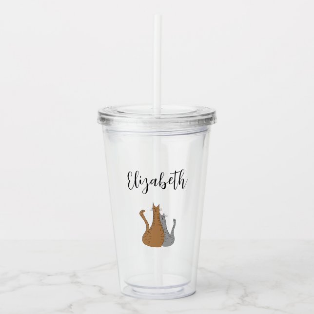 Cat Cartoon Drawing Tabby Kitties Elegant Script Acrylic Tumbler (Front)
