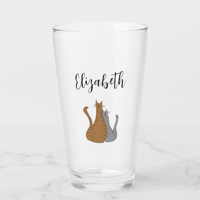 Cat Cartoon Drawing Tabby Kitties Elegant Script Glass (Front)