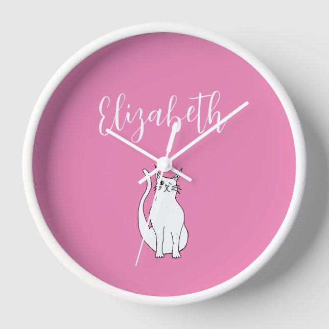 Cat Cartoon Drawing Winking Kitty Pink Clock (Front)