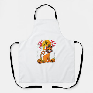 Cat Carved Pumpkin Horror Head Halloween Owner Lov Apron
