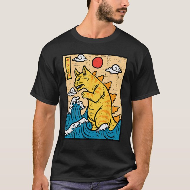 Cat Catzilla Funny Japanese Wave Art Men Women Kid T-Shirt (Front)