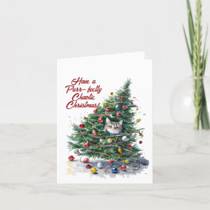 Cat Chaos Christmas Tree Design Watercolor Holiday Card