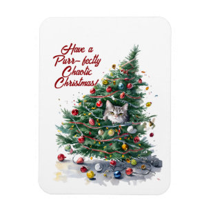 Cat Chaos Christmas Tree Design Watercolor Magnet
