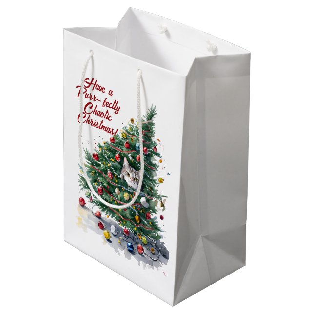 Cat Chaos Christmas Tree Design Watercolor Medium Gift Bag (Back Angled)