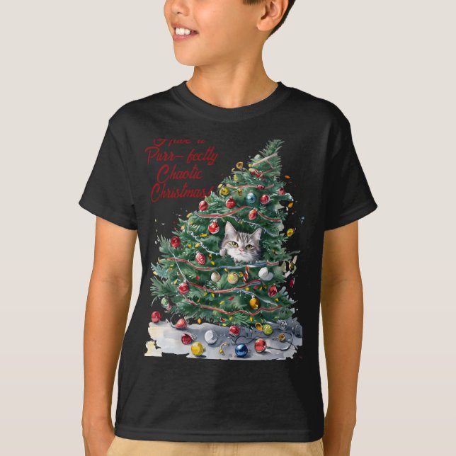 Cat Chaos Christmas Tree Design Watercolor T Shirt (Front)