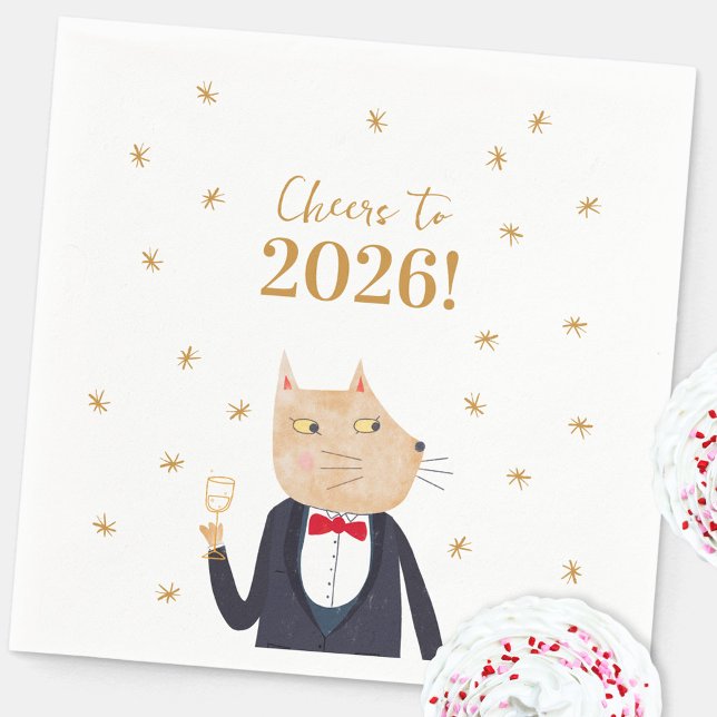 Cat Cheers to 2026 New Year Napkin (Fun Cat in a Tuxedo and Bow Tie New Year 2026 party paper napkin)