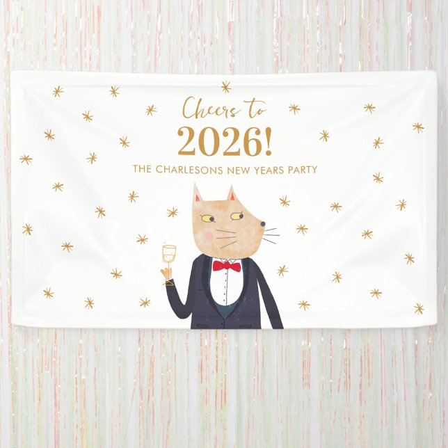 Cat Cheers to 2026 New Year Personalized Party Banner (Fun Cat in Tuxedo Suit personalized custom name and text Cheers to 2026 New Year party banner)