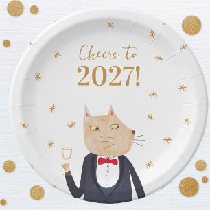 Cat Cheers to 2027 New Year Paper Plate