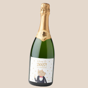 Cat Cheers to 2027 New Year Personalised Sparkling Wine Label