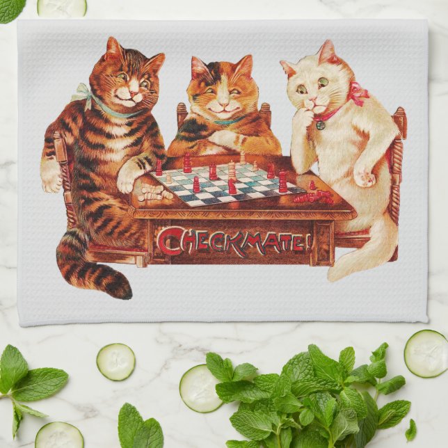Cat Chess Checkmate Louis Wain Tea Towel (Folded)