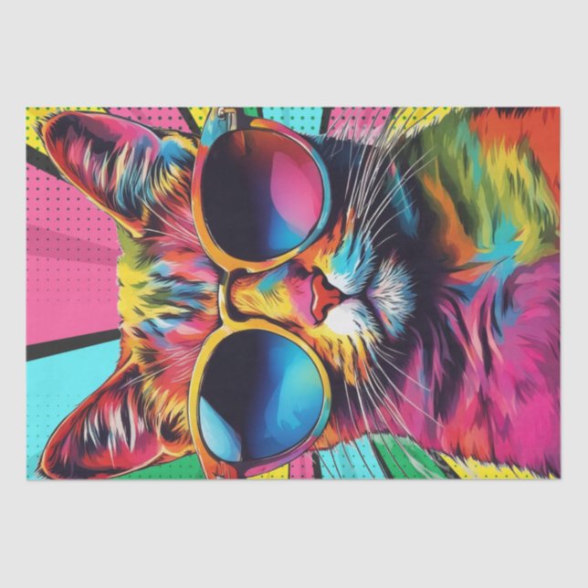 Cat Chic: Colourful Pop Art Cat in Sunglasses Deco Tissue Paper (Front)