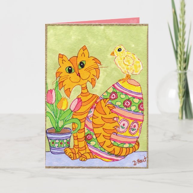 Cat & Chick with Egg & Tulips Folk Art Easter Holiday Card (Front)