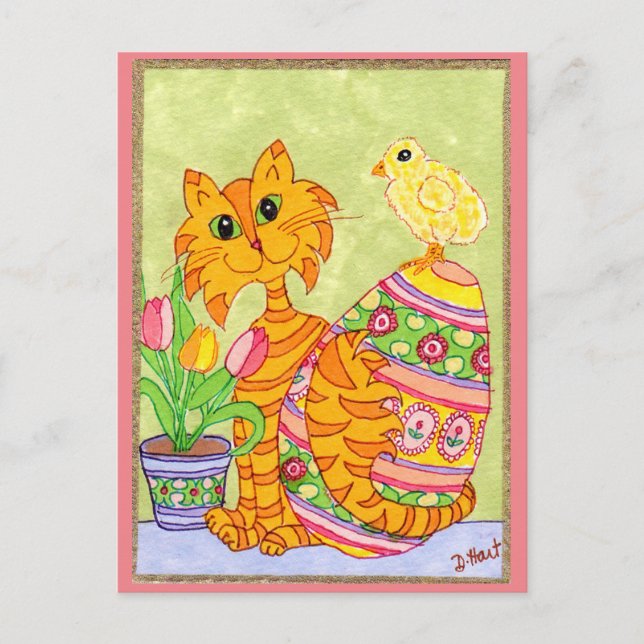 Cat & Chick with Egg & Tulips Folk Art Easter Holiday Postcard (Front)