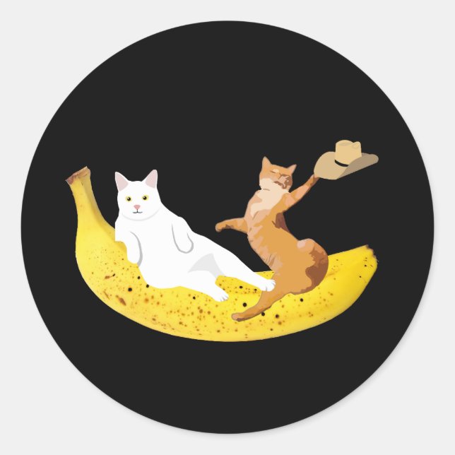Cat chilling on banana holding hat classic round sticker (Front)
