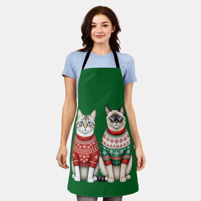 Cat Christmas Apron, Tabby and Siamese Cats Apron (Worn)