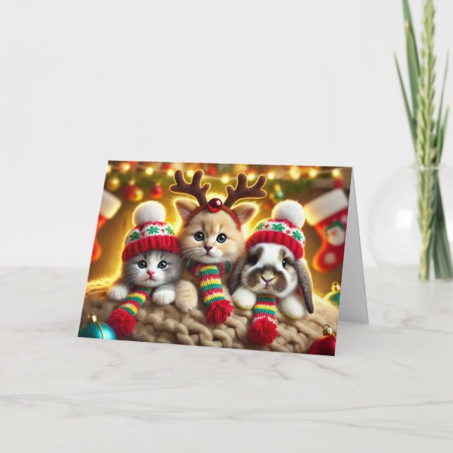 Cat Christmas card, Dog Christmas card, Bunny Holiday Card (Front)