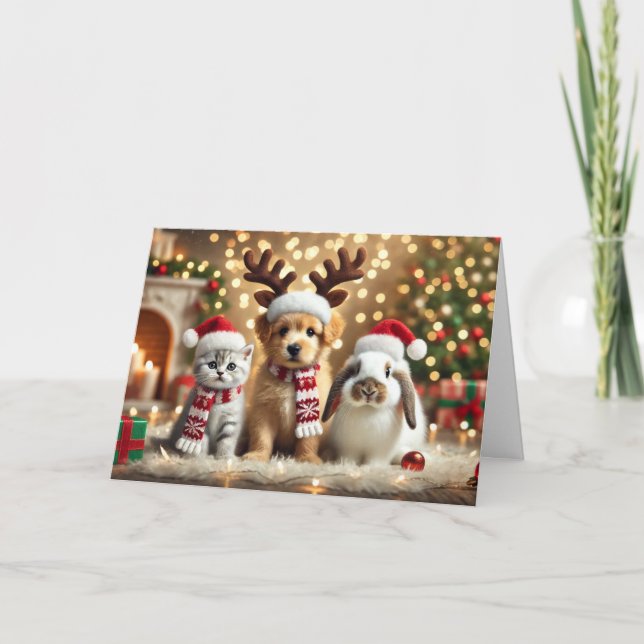 Cat Christmas card, Dog Christmas card, Bunny Holiday Card (Front)