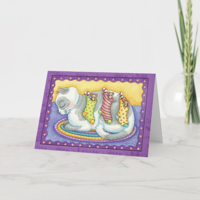 Cat Christmas Card With Little Mice In Stockings (Front)