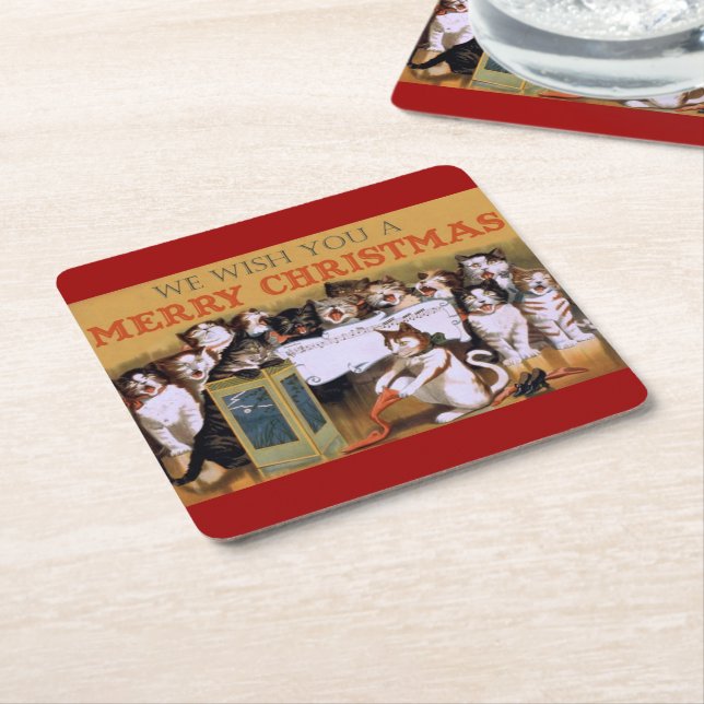 Cat Christmas Choir Square Paper Coaster (Angled)