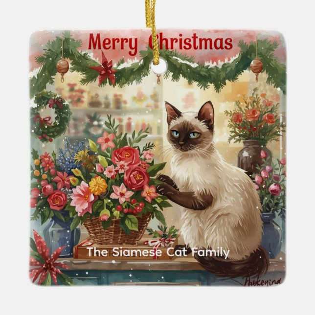 Cat Christmas flower arrangement by florist  Paper Ceramic Ornament (Front)