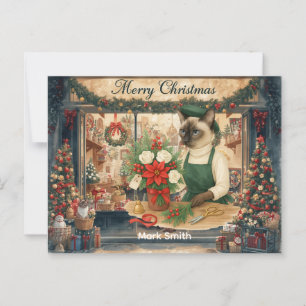 Cat Christmas Flowers in Florist Shop Postcard