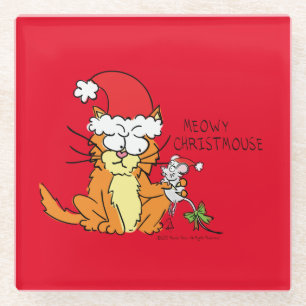 Cat Christmas Funny Cartoon Cute Mouse Glass Coaster