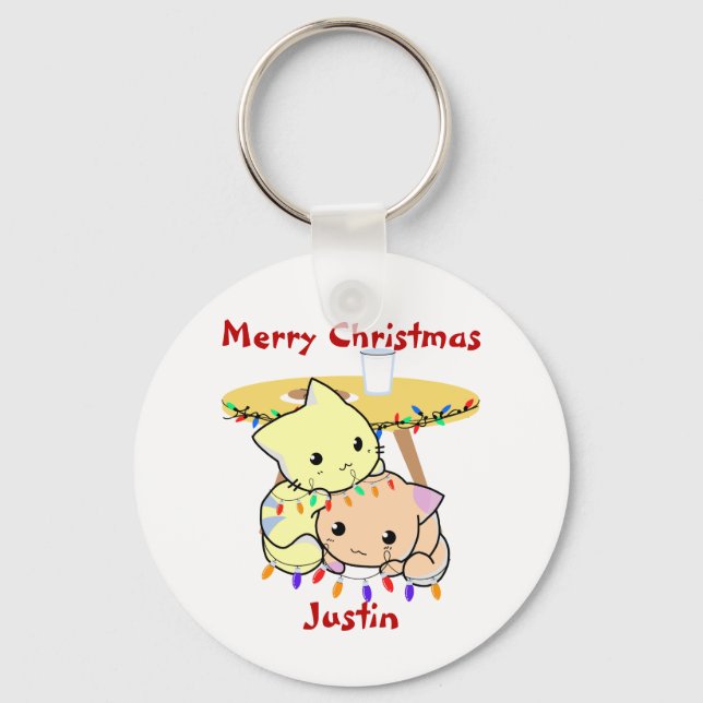 Cat christmas gift, personalised name key ring (Front)