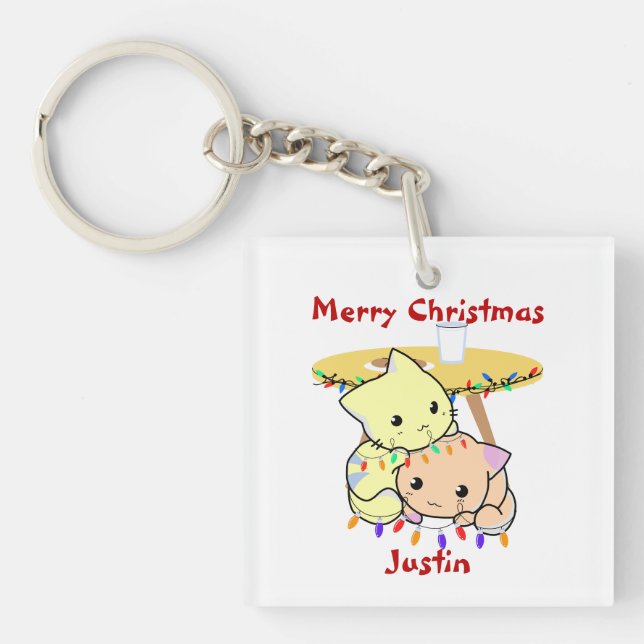 Cat christmas gift, personalised name  key ring (Front)