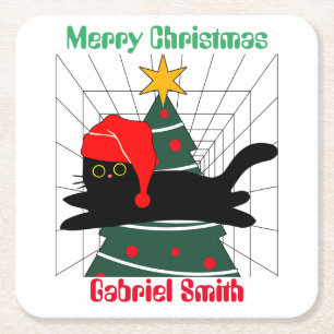 cat christmas gifts, personalised name square paper coaster