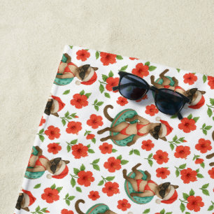 Cat Christmas in July Hawaiian Red Hibiscus flower Beach Towel
