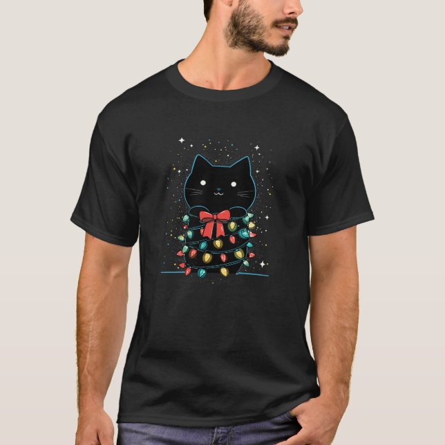 Cat Christmas Light Kitten Meow Christmas Wreath A T-Shirt (Front)