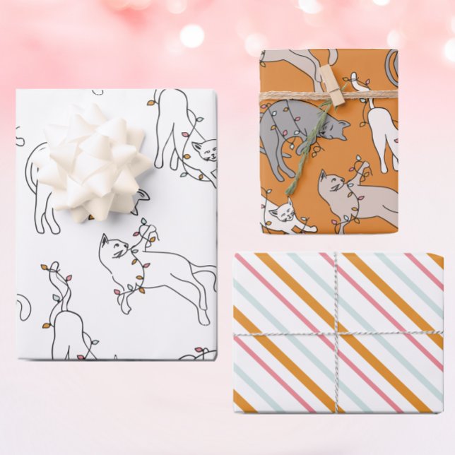Cat Christmas Light Pink Wrapping Paper Sheet (Creator Uploaded)