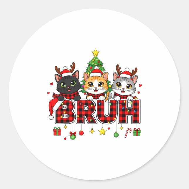 Cat Christmas Light Reindeer Santa Bruh Funny  Classic Round Sticker (Front)