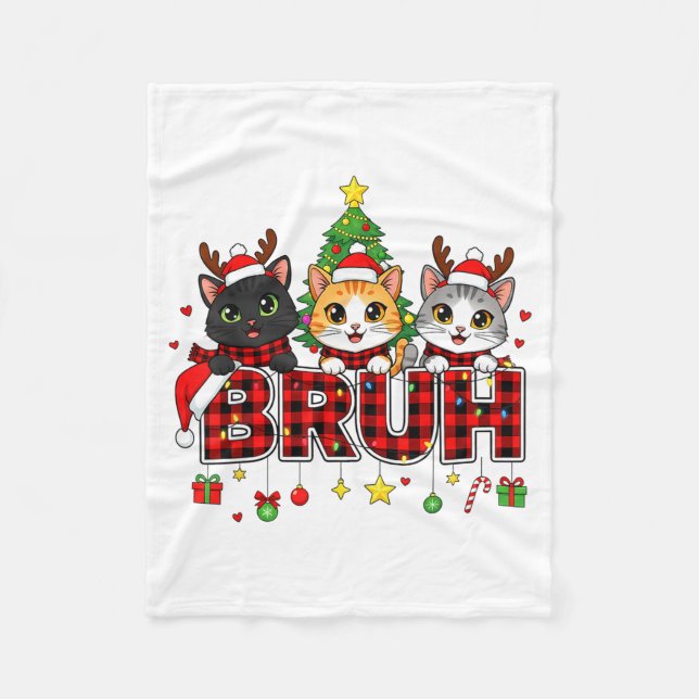 Cat Christmas Light Reindeer Santa Bruh Funny  Fleece Blanket (Front)