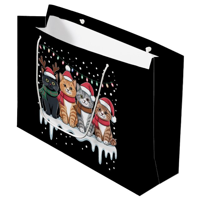 Cat Christmas Light Reindeer Santa Cat Lover Large Gift Bag (Front Angled)