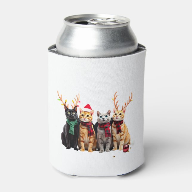 Cat Christmas Light Reindeer Santa Christmas Cat L Can Cooler (Can Front)